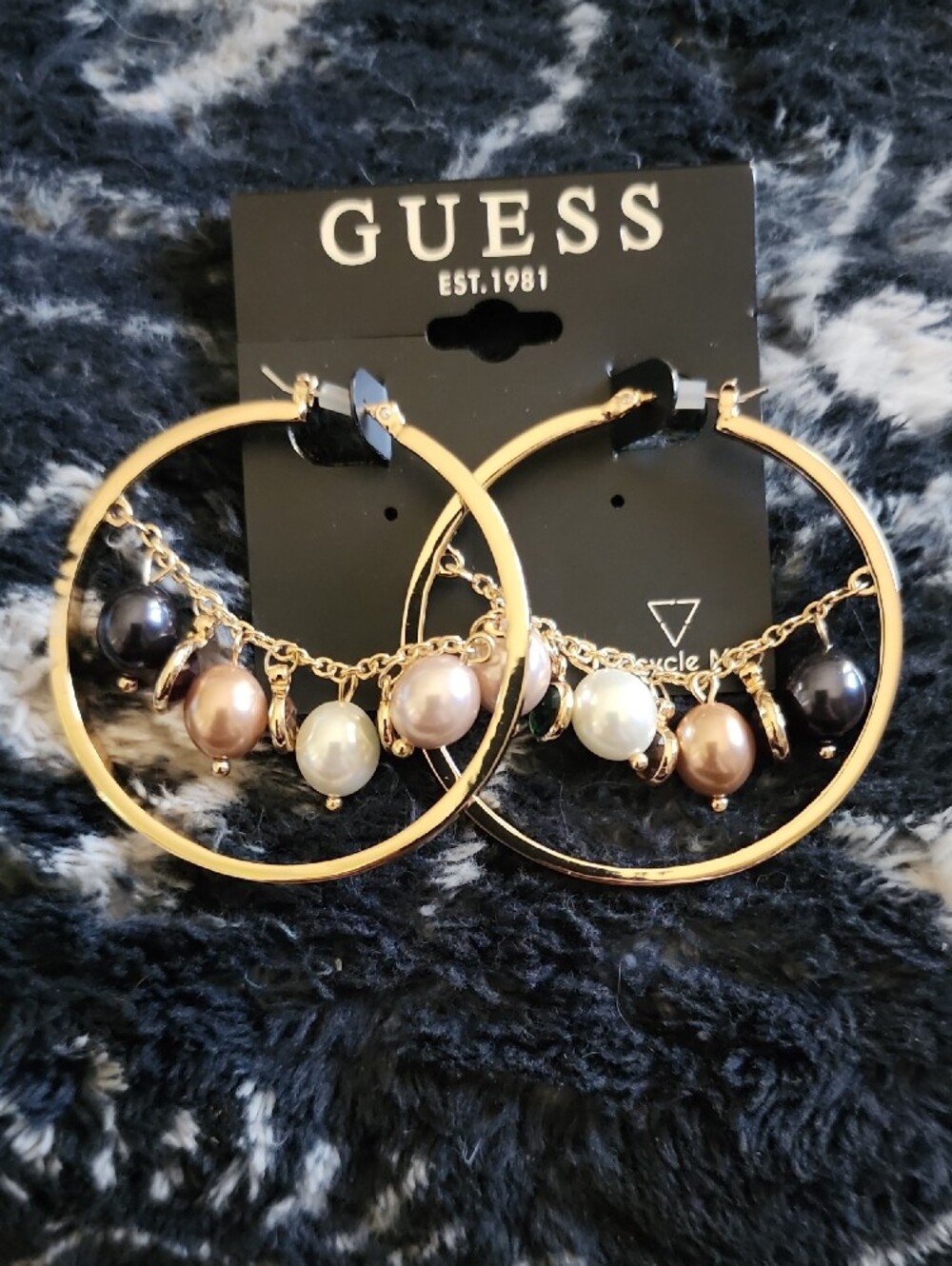 GUESS Gold Hoop Earrings with Pearls and Multicolor Gem Accents